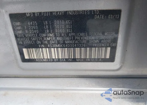 2013 Subaru Legacy 2.5I Limited z USA, uszkodzony, nr VIN 4S3BMBK64D3041326